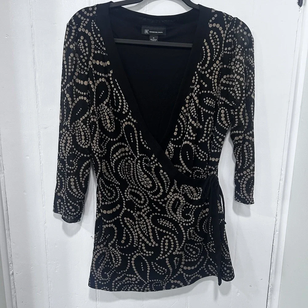 INC International Concepts Black Faux Wrap Blouse Beige Dot Paisley Pattern M